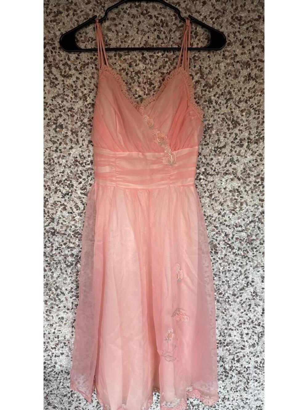 Vintage Pink Chiffon Rose Embroidered Slip Dress Coquette Lace Trim XS